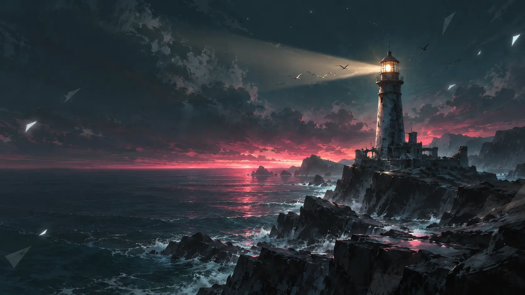 A lone lighthouse on a dark coast at dusk, its beam sweeping toward a magenta horizon